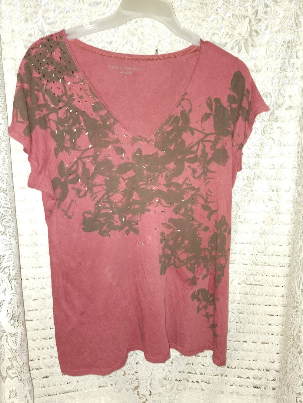 Calvin Klein Rose Red V-Neck Floral Studded Tee